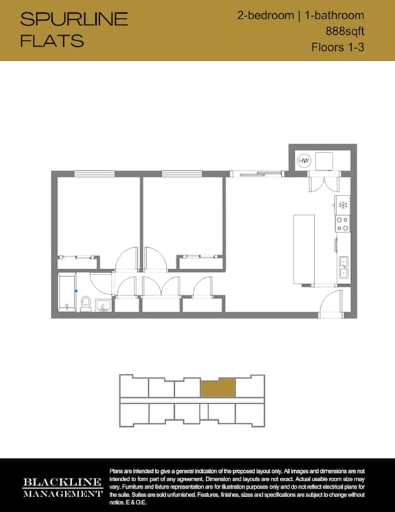 A floor plan for a 2-bedroom, 1-bathroom apartment sized at 888 sq ft with 1-3 floors.