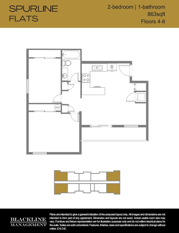A floor plan for a 2-bedroom, 1-bathroom apartment sized at 863 sq ft with 4-6 floors.