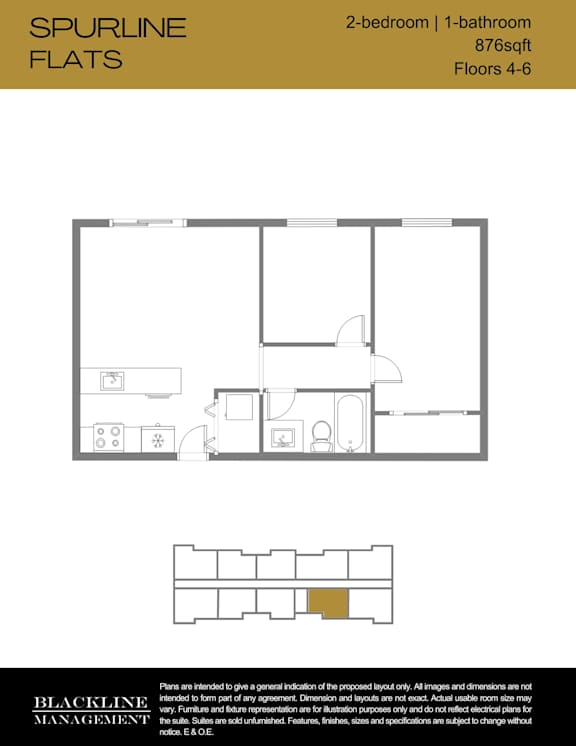 A floor plan for a 2-bedroom, 1-bathroom apartment with 876 square feet and 4-6 floors.