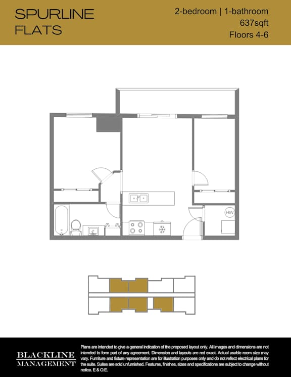 A floor plan for a 2-bedroom, 1-bathroom apartment sized at 637 sq ft with 4-6 floors.