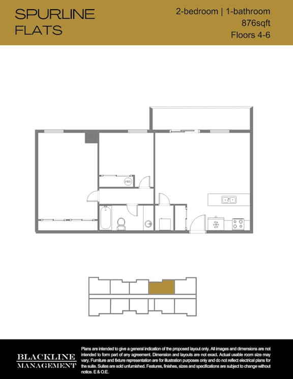 A floor plan for a 2-bedroom, 1-bathroom apartment sized at 876 sq ft with 4-6 floors.