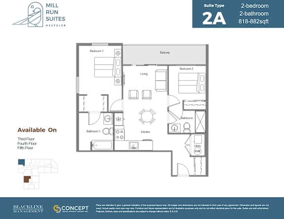 A floor plan for a 2-bedroom, 2-bathroom suite at Mill Run Suites.