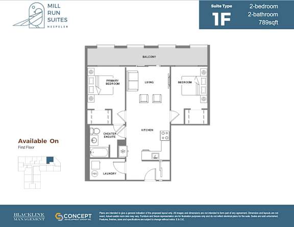 A floor plan for a 2-bedroom, 2-bathroom suite at Mill Run Suites.