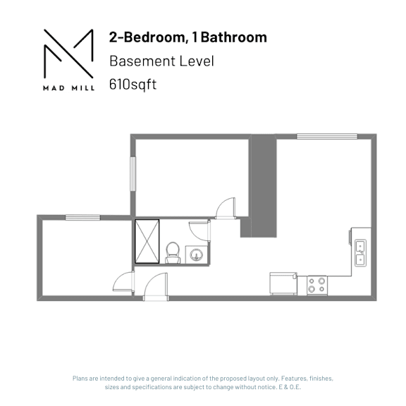 A floor plan for a 2-bedroom, 1 bathroom apartment at Mad Mill.