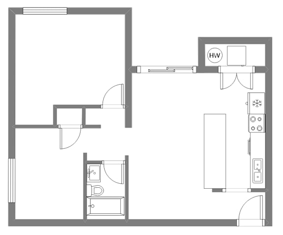 A floor plan of a room with a kitchen area and a bathroom.