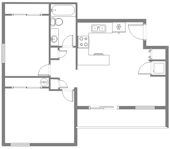 A floor plan of a house with a kitchen, living room, and two bathrooms.