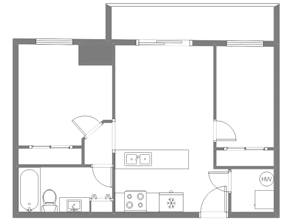 A floor plan of a house with a kitchen, living room, and bathroom.