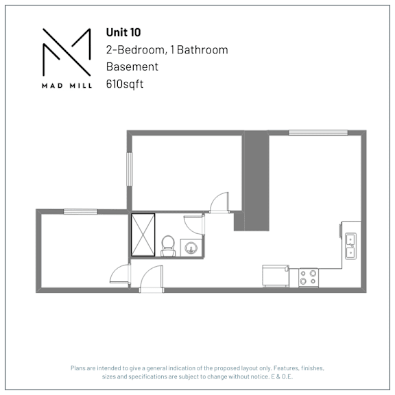A floor plan for a 2-bedroom, 1 bathroom basement unit that is 610 square feet.