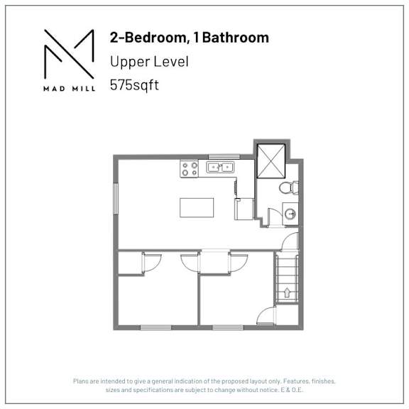 A floor plan for a 2-bedroom, 1 bathroom apartment at Mad Mill.