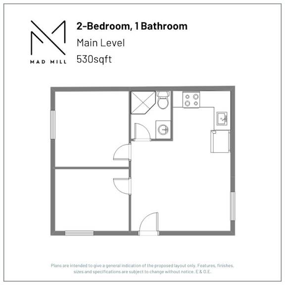 A floor plan for a 2-bedroom, 1 bathroom apartment at Mad Mill.