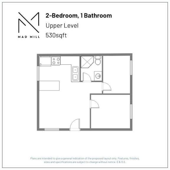 A floor plan for a 2-bedroom, 1 bathroom apartment at Mad Mill.
