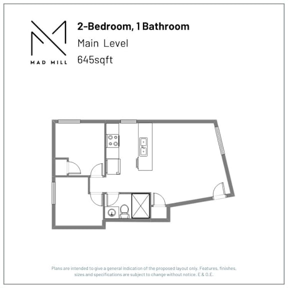 A floor plan for a 2-bedroom, 1 bathroom apartment at Mad Mill.