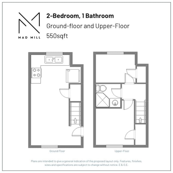 A floor plan for a 2-bedroom, 1 bathroom apartment at Mad Mill.
