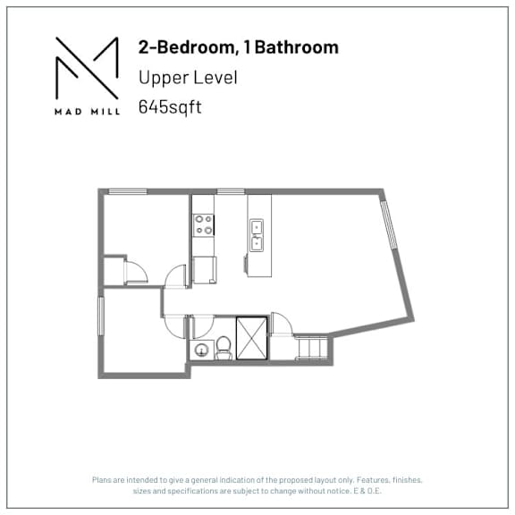 A floor plan for a 2-bedroom, 1 bathroom apartment at Mad Mill.