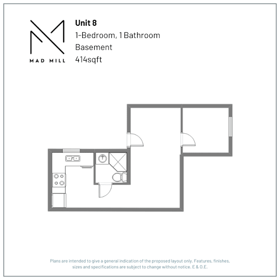 A floor plan for a 1-bedroom, 1-bathroom basement unit that is 41/4 square feet.
