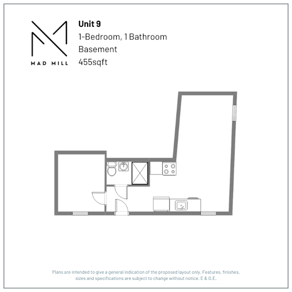 A floor plan for a 1-bedroom, 1-bathroom basement unit at Mad Mill.