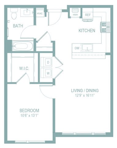 A floor plan of a small apartment with a living room, kitchen, and bedroom.