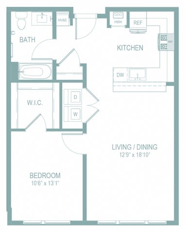 A floor plan of a small apartment with a living room, kitchen, bedroom, and bathroom.