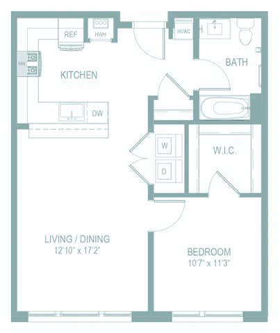 A floor plan of a home with a living/dining area, kitchen, bathroom, and bedroom.