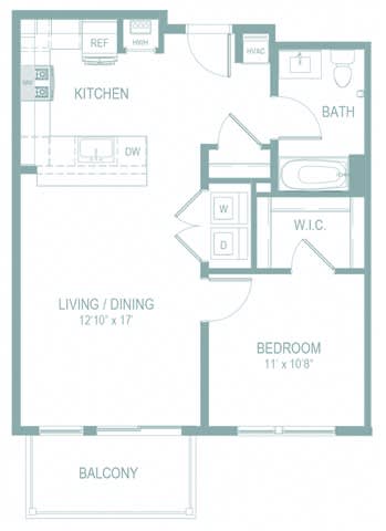 A floor plan of a small apartment with a living/dining area, kitchen, bedroom, bathroom, and balcony.