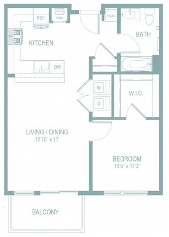 A floor plan of a small apartment with a kitchen, living room, dining room, bathroom, bedroom, and balcony.