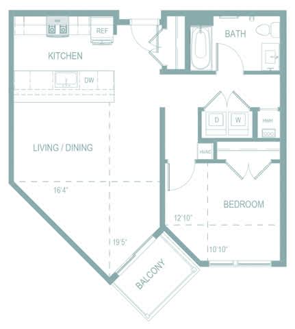 A floor plan of a small apartment with a living room, kitchen, and bedroom.
