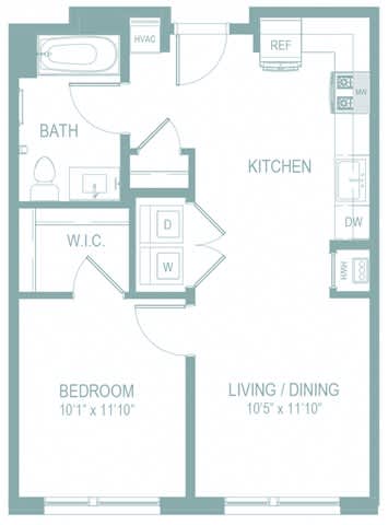 A floor plan of a small apartment with a bedroom, living/dining area, kitchen, and bathroom.