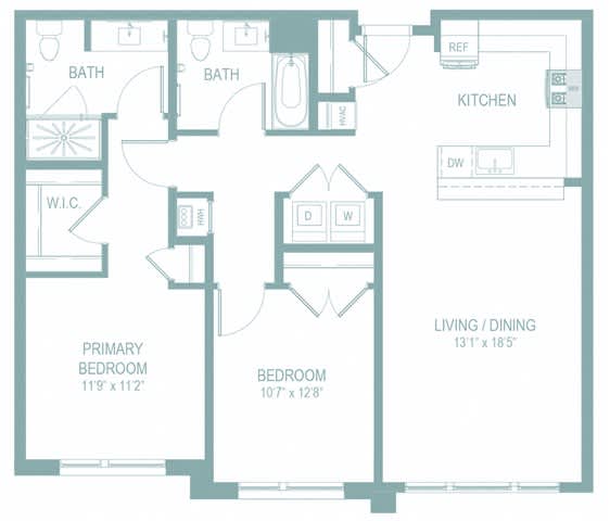A floor plan of a home with a living room, two bedrooms, a kitchen, and a bathroom.