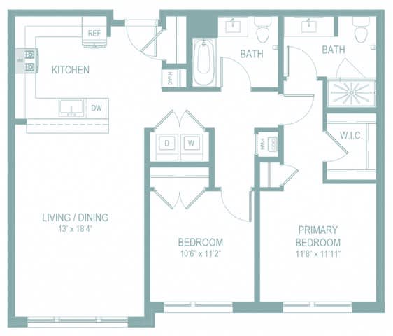 A floor plan of a home with a living/dining area, kitchen, two bathrooms, and two bedrooms.