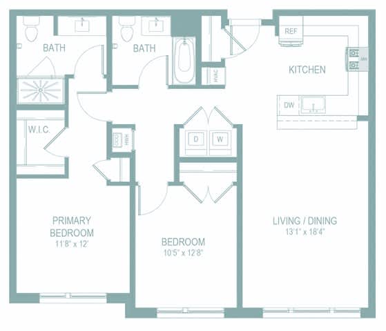 A floor plan of a home with a living room, dining room, kitchen, and two bedrooms.