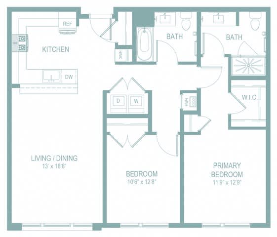 A floor plan of a home with a living/dining area, kitchen, two bathrooms, and two bedrooms.
