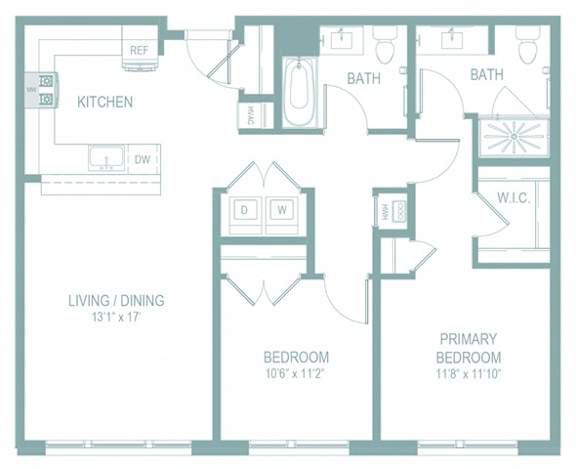 A floor plan of a home with a living room, dining room, kitchen, two bathrooms, a workshop, and two bedrooms.