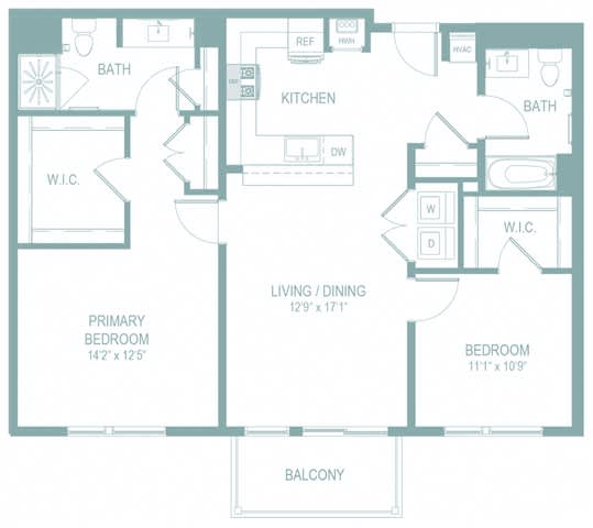 A floor plan of a house with a living room, dining room, kitchen, two bedrooms, a bathroom, a balcony, and a W.I.C.
