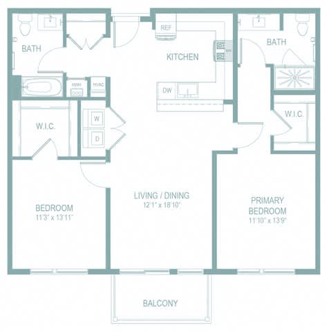 A floor plan of a house with a living room, two bedrooms, a kitchen, two bathrooms, a balcony, and a laundry room.