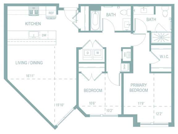 A floor plan of a home with a living room, dining room, kitchen, and two bedrooms.