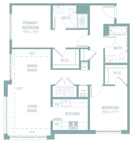 A floor plan of a house with a living room, dining room, kitchen, two bedrooms, and two bathrooms.