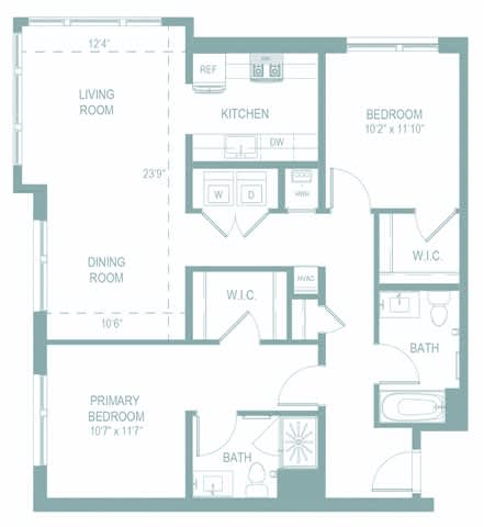 A floor plan of a house with a living room, kitchen, dining room, and three bedrooms.