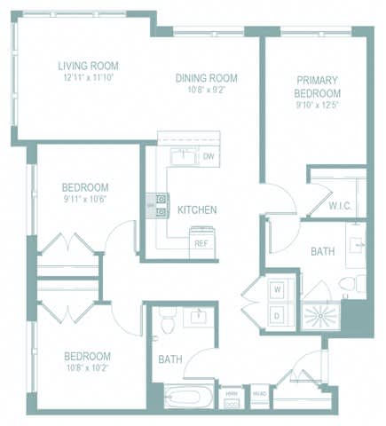 A floor plan of a house with a living room, dining room, kitchen, and three bedrooms.