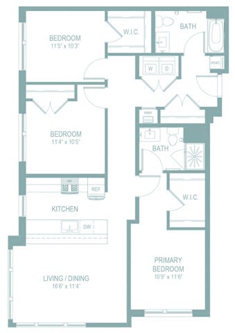 A floor plan of a house with a living/dining area, kitchen, and three bedrooms.