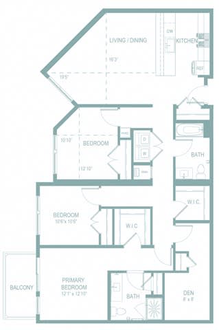 A floor plan of a house with a living room, two bedrooms, a bathroom, a den, a kitchen, and a balcony.