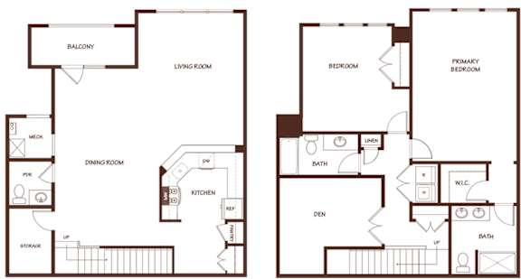 A floor plan of a two bedroom apartment with a living room, dining room, kitchen and storage.