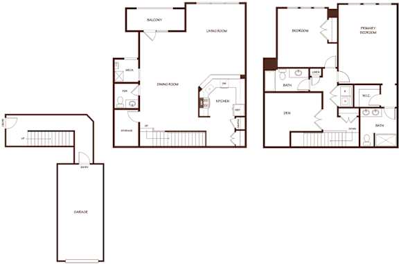A floor plan of a house with a garage, living room, dining room, kitchen, and two bedrooms.