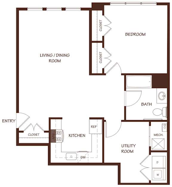 A floor plan of a small apartment with a living room, kitchen, and bedroom.