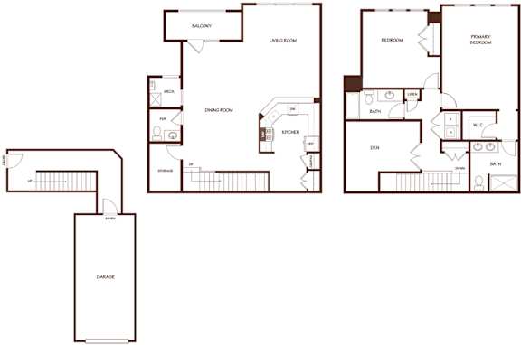 A floor plan of a house with a garage, living room, dining room, kitchen, and two bedrooms.