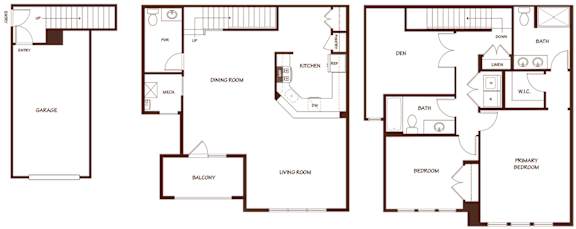 A set of three floor plans for a house with a garage, living room, and kitchen.