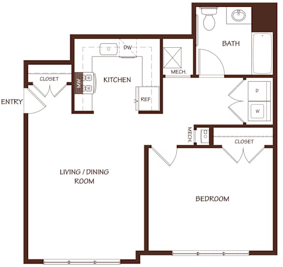 A floor plan of a house with a living room, dining room, kitchen, bathroom, and bedroom.
