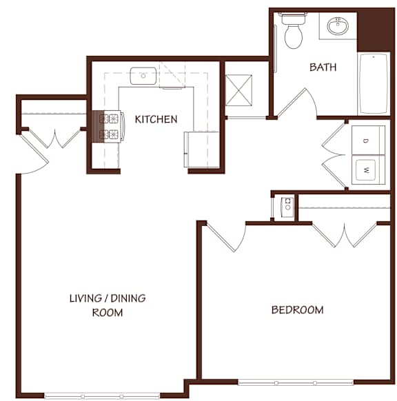 A floor plan of a house showing a kitchen, living/dining room, bedroom, and bathroom.
