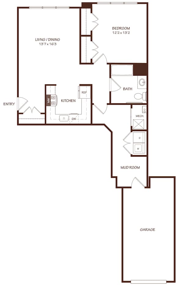 A floor plan of a house with a garage, mud room, and a kitchen with a refrigerator, stove, and oven.