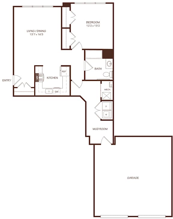 A floor plan of a house with a garage, kitchen, living room, dining room, bathroom, and mudroom.