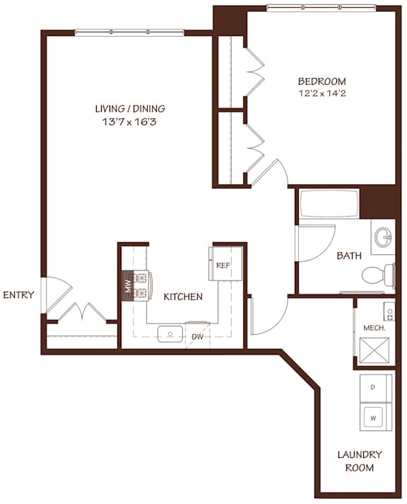 A floor plan of a small apartment with a bedroom, living/dining area, kitchen, bathroom, and laundry room.